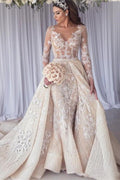Schönes Brautkleid mit langen Ärmeln, Spitze und Meerjungfrauen-Überrock