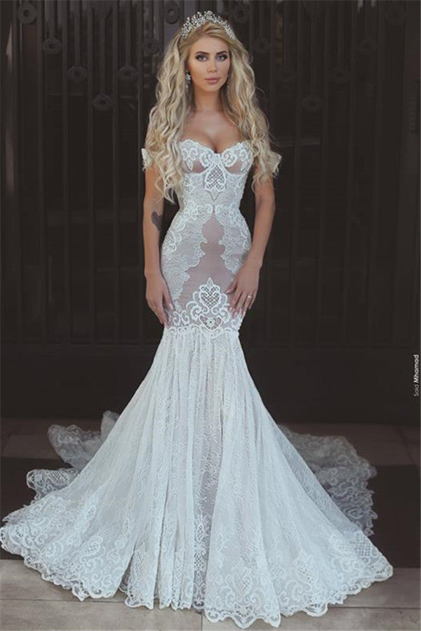 Schönes Meerjungfrau-Spitzen-Trägerlos-Brautkleid für die Hochzeit