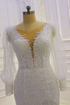 Vestido de Noiva Comprido de Manga Comprida Com Aplicações de Renda e Cauda