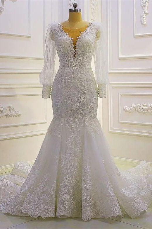 Schönes Meerjungfrau-Hochzeitskleid mit langen Ärmeln, Spitzenapplikationen und Schleppe