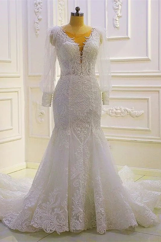 Vestido de Noiva Comprido de Manga Comprida Com Aplicações de Renda e Cauda