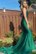 Robe de bal longue dos nu avec bretelles spaghetti perlées sirène magnifique