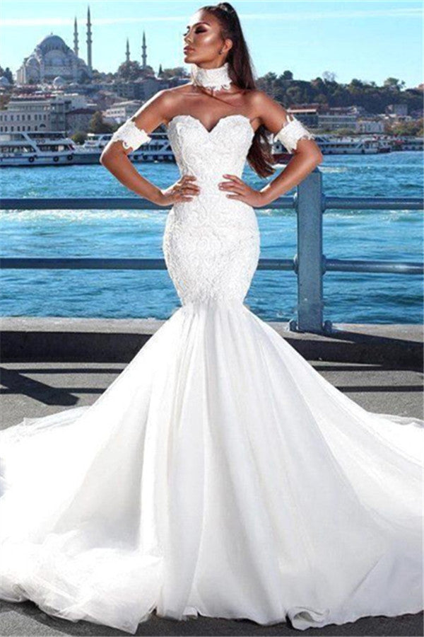 Schönes Meerjungfrau-Sweetheart Brautkleid Spitzenkleider für Hochzeiten mit Choker