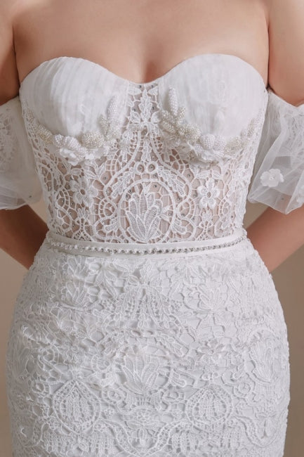 Schöne trägerlose Meerjungfrau-Hochzeitskleider mit Applikationen aus Spitze, bodenlang und mit asymmetrischem Schulterausschnitt