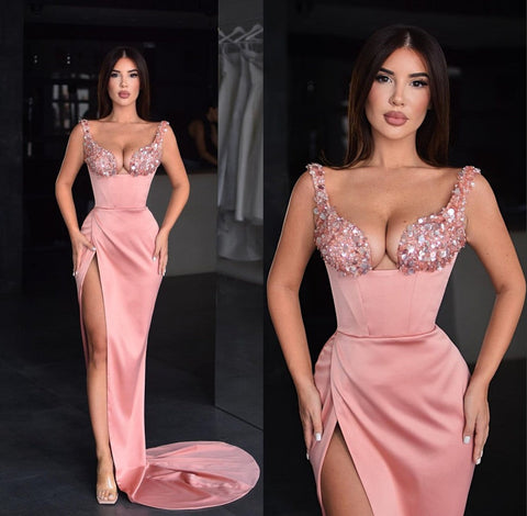 Beautiful Long Mermaid Sequins Spaghetti Strap Prom Dress with Slit