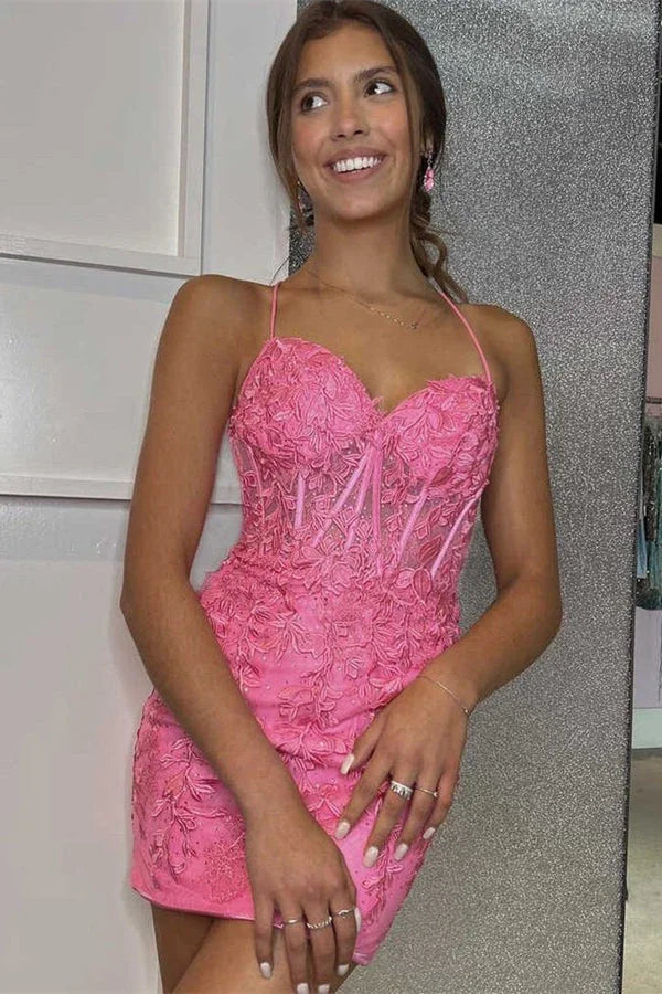Wunderschönes Rosa-Träger-Ärmelloses Applikationen-Homecoming-Kleid