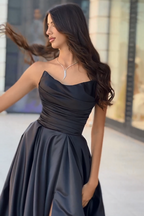 Beautiful Black Sleeveless Strapless Long A-line Satin Evening Dresses with Slit