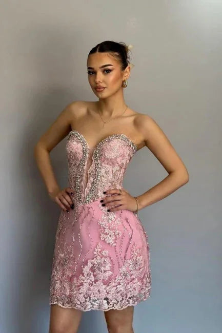 Schönes kurzes Säulensatin-Spitzen-Süßherz-Ärmelloses Rosa Heimkehrkleid mit Applikationen