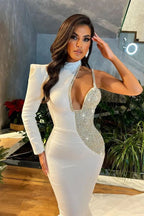 Beautiful White Cut Out One Shoulder Long Sleeves Mermaid Evening Dress