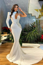Beautiful White Cut Out One Shoulder Long Sleeves Mermaid Evening Dress