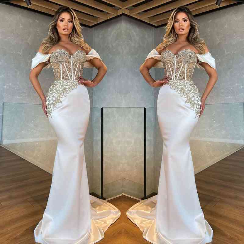 Beautiful White Off-The-Shoulder Appliques Long Mermaid Evening Dresses