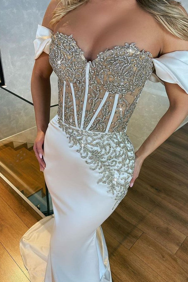 Beautiful White Off-The-Shoulder Appliques Long Mermaid Evening Dresses