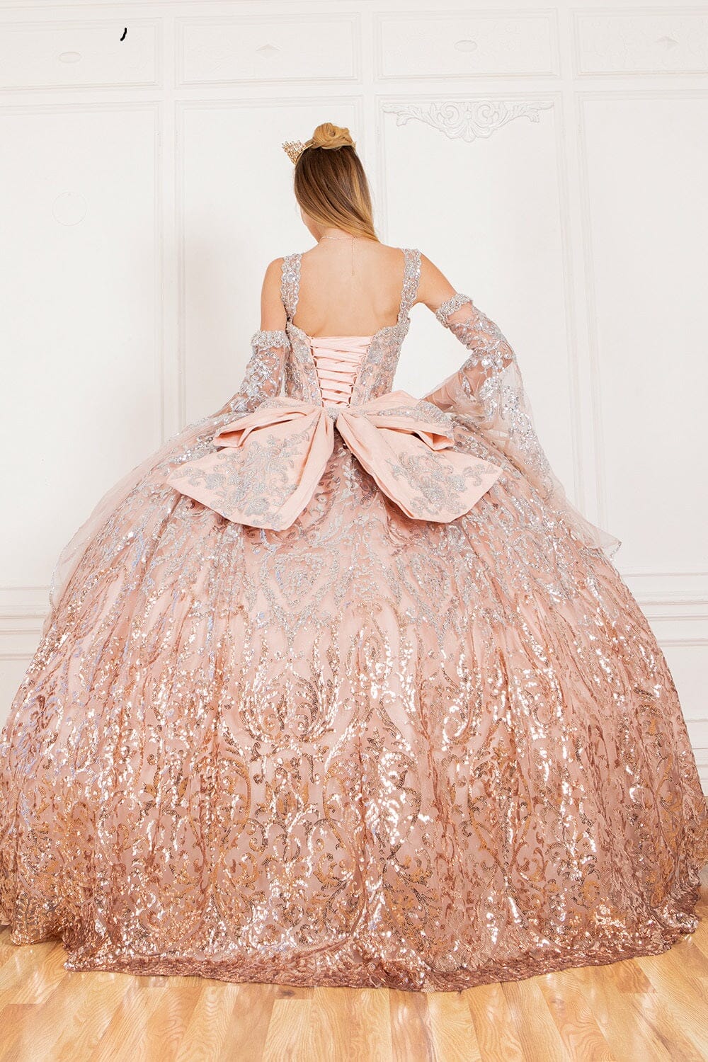 Bell Sleeve Cold Shoulder Ball Gown by Cinderella Couture 8080J