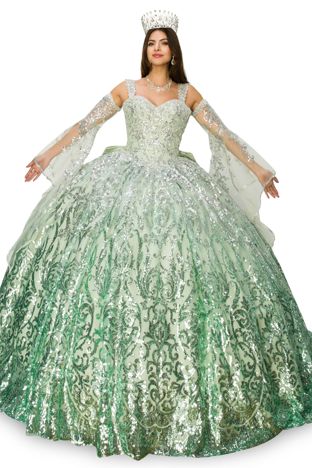 Bell Sleeve Cold Shoulder Ball Gown by Cinderella Couture 8080J