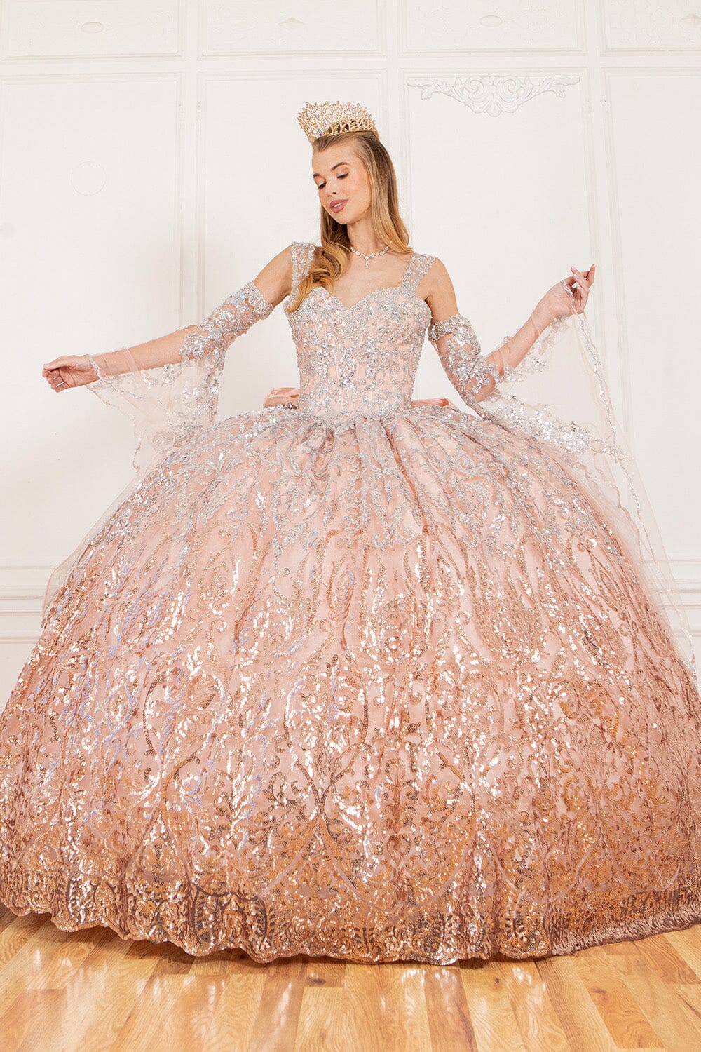 Bell Sleeve Cold Shoulder Ball Gown by Cinderella Couture 8080J