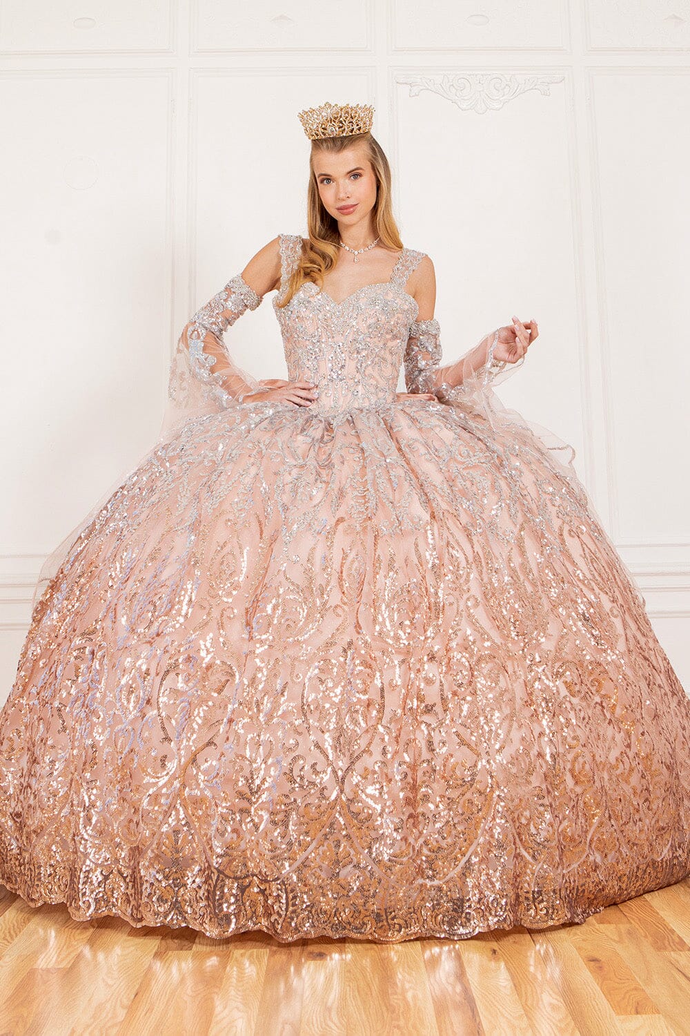 Bell Sleeve Cold Shoulder Ball Gown by Cinderella Couture 8080J