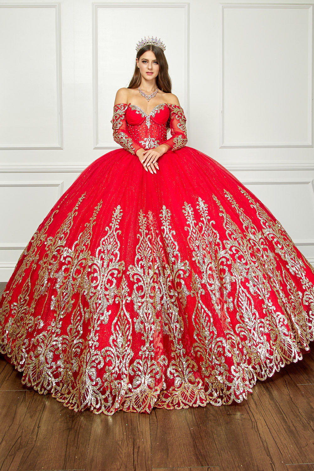 Off Shoulder Long Sleeve Ball Gown by Petite Adele PQ1065