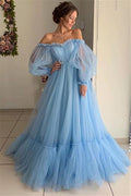 Miglior Vestito da Ballo in Tulle a Linea A Lunga con Spalle Scoperte e Maniche