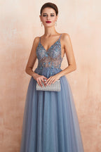 Best Long A-line V-neck Sleeveless Tulle Prom Dress with Slit