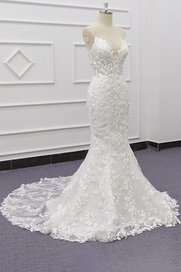 Bestes langes Meerjungfrau-Spaghettiträger-Applikations-Spitzen-Brautkleid