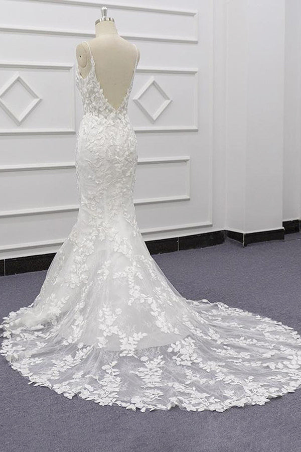Bestes langes Meerjungfrau-Spaghettiträger-Applikations-Spitzen-Brautkleid