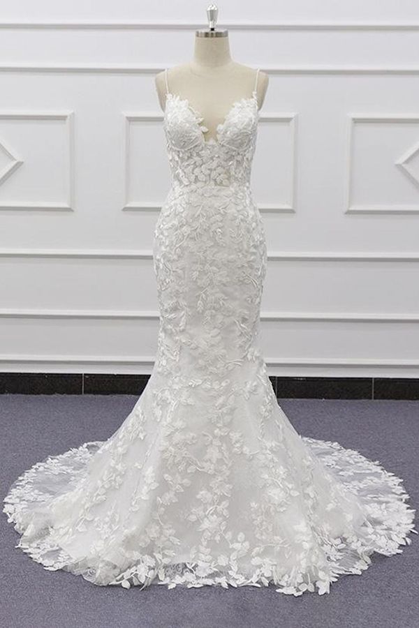 Bestes langes Meerjungfrau-Spaghettiträger-Applikations-Spitzen-Brautkleid