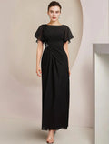 Etuikleid/Säulenkleid für die Brautmutter, elegantes U-Ausschnitt-Kleid für Hochzeitsgäste, knöchellang, Chiffon, kurze Ärmel, mit Kristallbrosche, seitlich drapiert