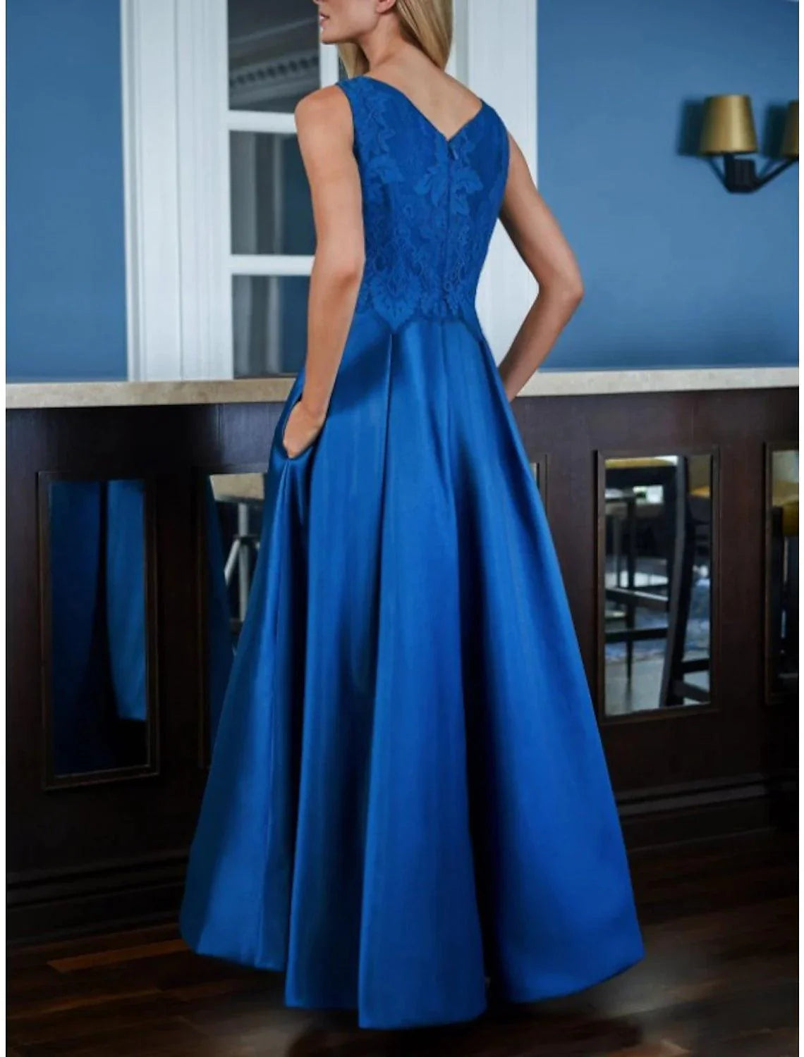 Vestido de mãe da noiva em duas peças, corte A, para convidados de casamento, festa, vintage, elegante, decote em V, assimétrico, cetim, renda, meia manga com pregas, cor sólida