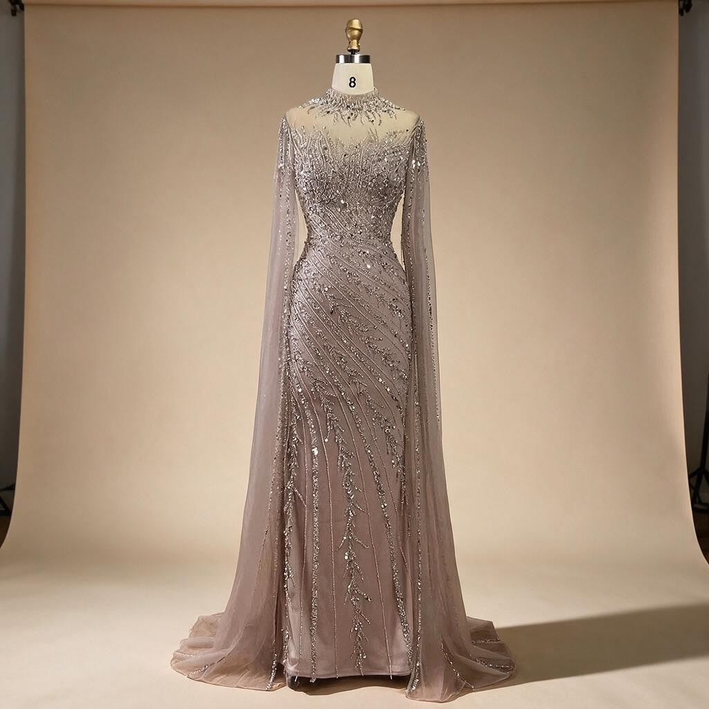 Customized Caramel Mermaid Beaded Cape Sleeves Evening Dresses Dubai Party Gowns for Women Wedding DLA71885A | Nightbubo