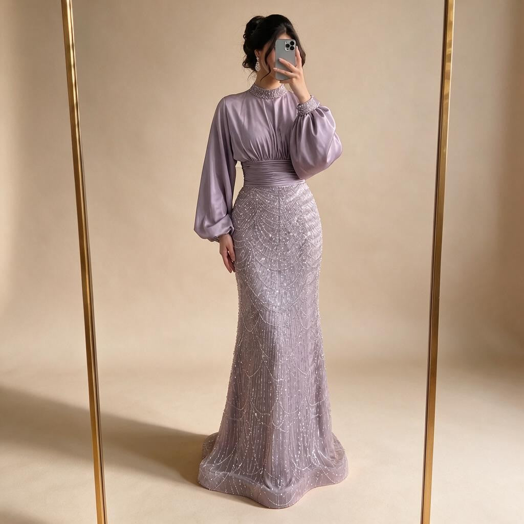 2026 Elegant Mauve Muslim Evening Gowns Dubai High Neck Full Sleeve Formal Party Dress for Women DLA73676 Customized | Nightbubo
