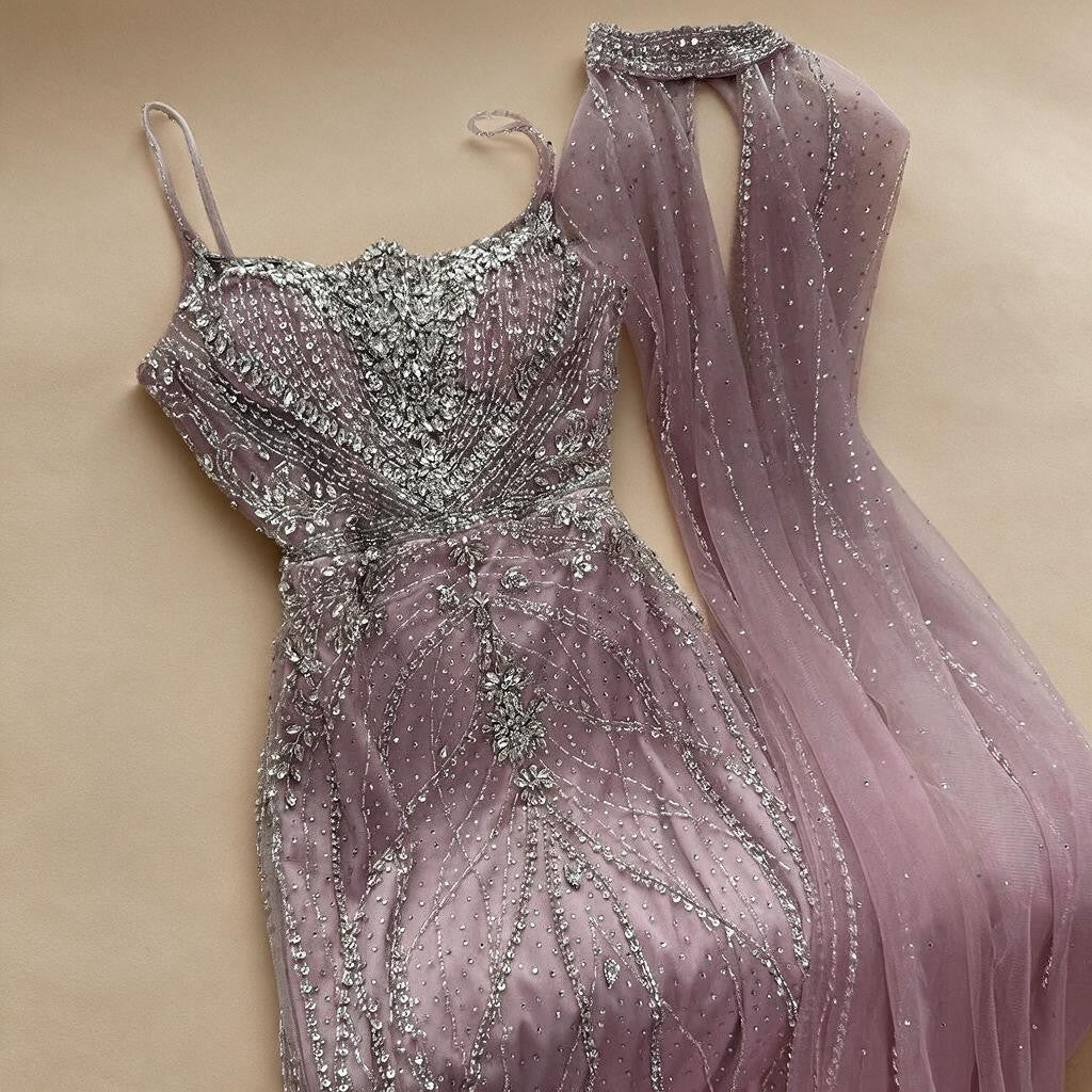 Pink Strapless Mermaid Beaded Evening Dress with Cape Wedding Party Gowns for Women DLA73195 Customized | Nightbubo