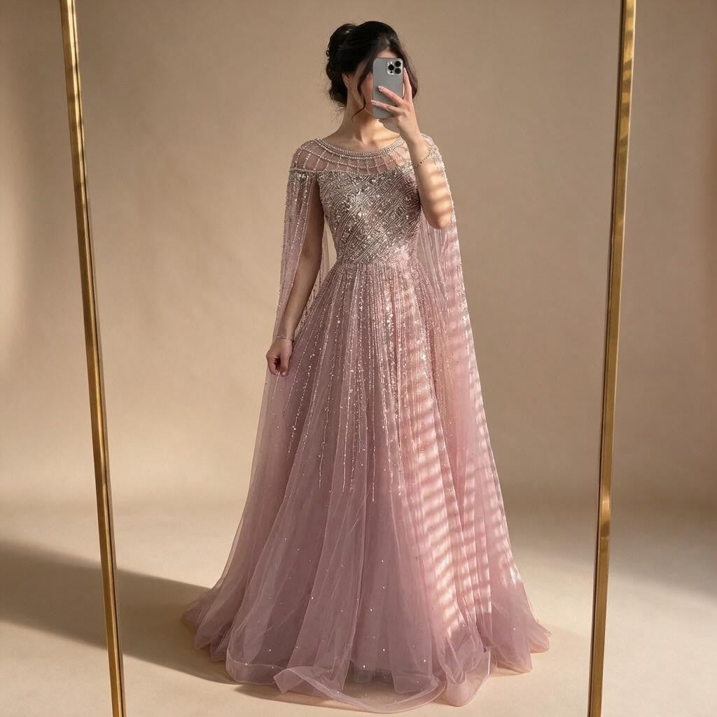 Pink A-line Evening Dress with Cape Sleeves Beaded Wedding Party Gowns for Women DLA72994 Customized | Nightbubo