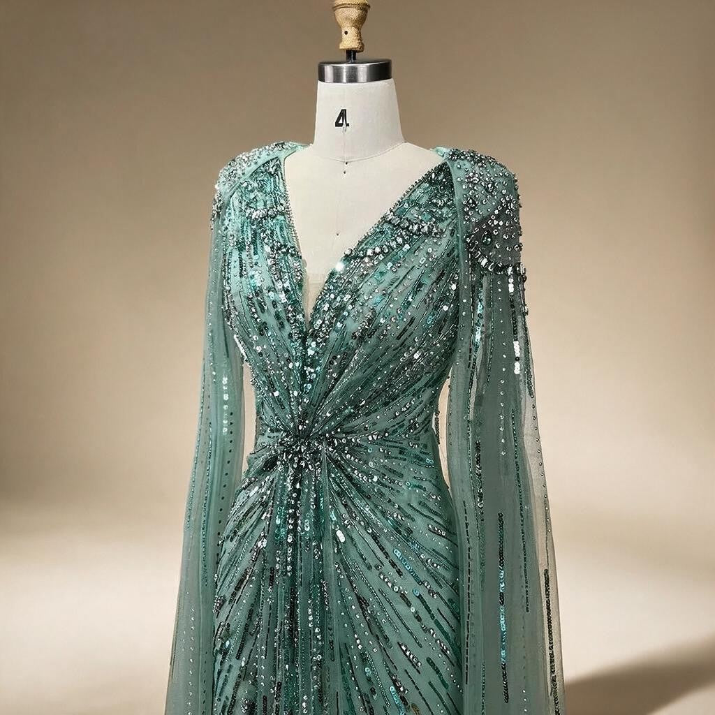 V-neck Turquoise Beaded Mermaid Evening Dress with Cape Plus Size Party Gowns for Women DLA72168A Customized | Nightbubo