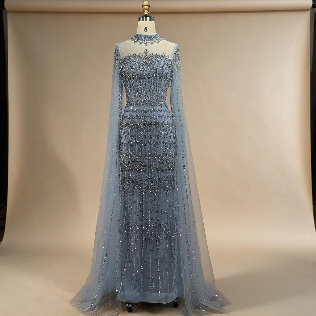 Dubai Blue Beaded Evening Dress with Cape Sleeves Formal Party Gowns for Women DLA72714A Customized | Nightbubo