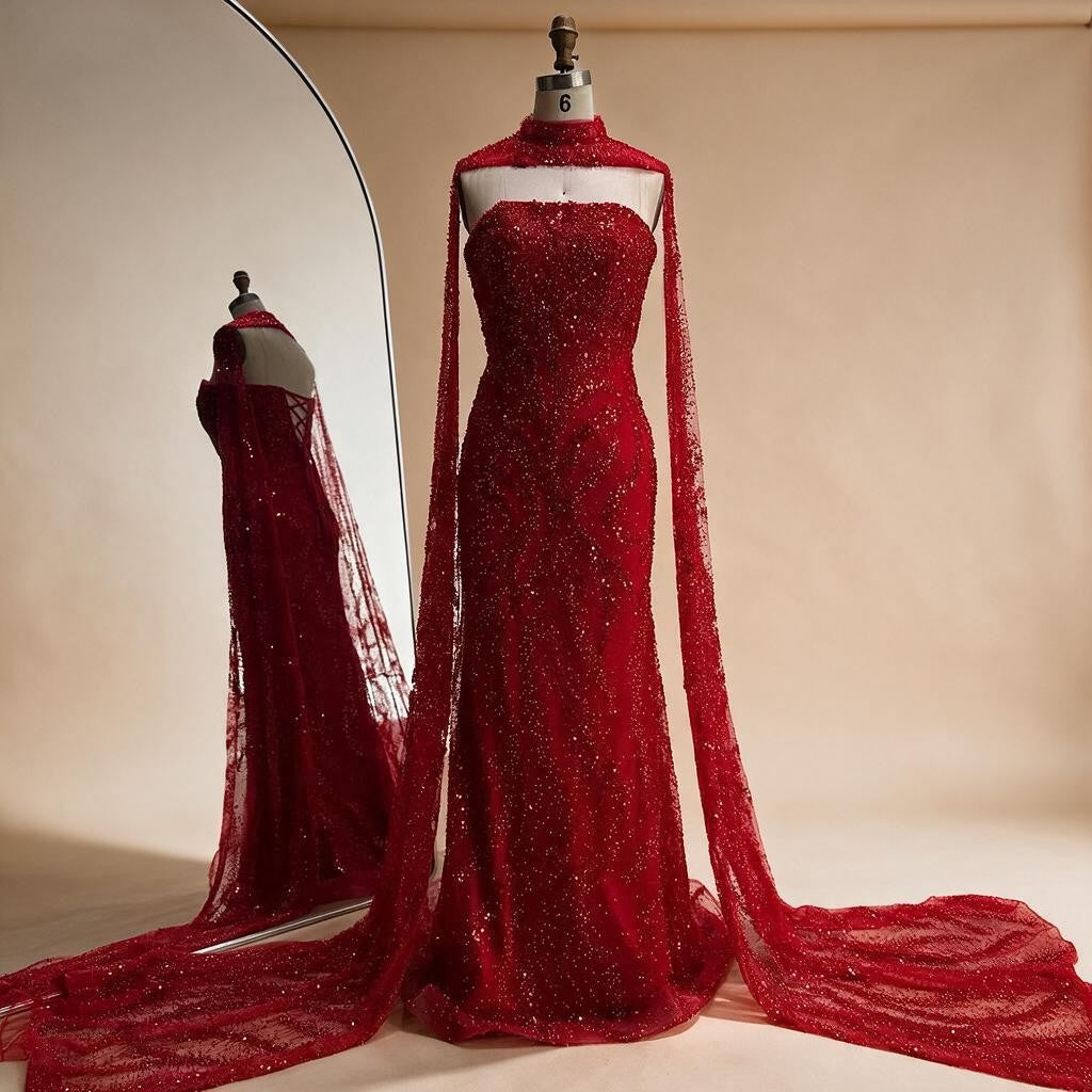 Red Mermaid Detachable Cape Sleeves Evening Dresses with Lace Up Back Party Gowns for Women DLA72824 Customized | Nightbubo