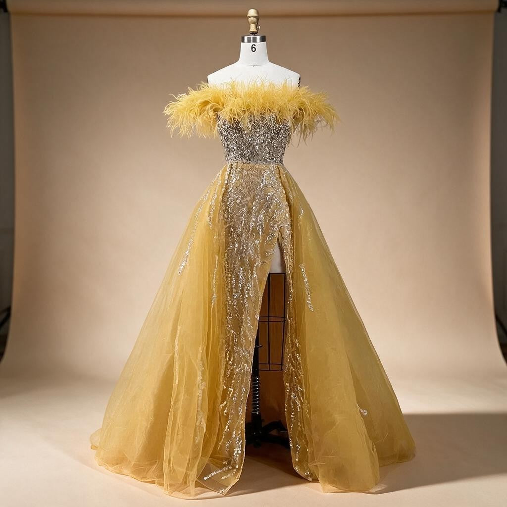 Yellow Feathers Beaded Mermaid Evening Dresses with Overskirt Side Slit Party Gowns for Women DLA72061 Customized | Nightbubo