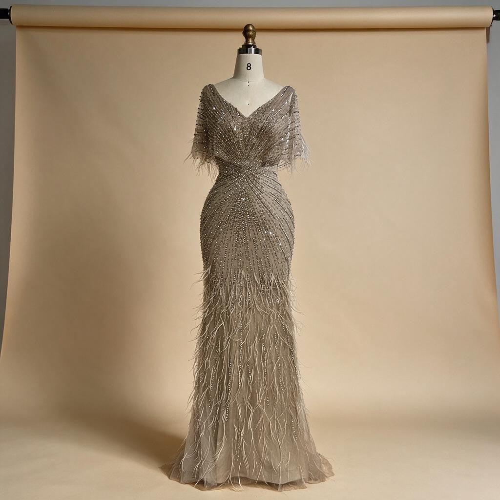 Brown Mermaid Beaded Feathers Evening Dresses Elegant Party Gowns for Women DLA71323 Customized | Nightbubo
