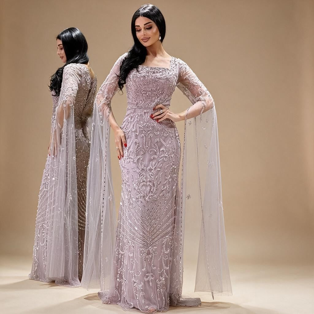 2026 Dubai Pink Mermaid Long Evening Dress with Beaded Cape Gown for Wedding Occasion DLA72400A Customized | Nightbubo
