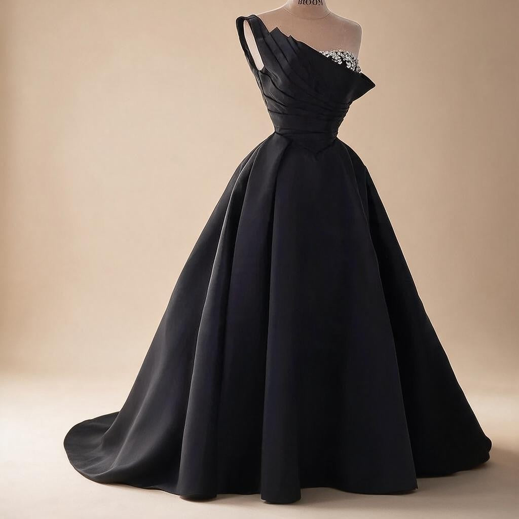 Elegant Black One-Shoulder A Line Beaded Evening Dresses Gowns with Sleeveless For Party DLA72741 Customized | Nightbubo