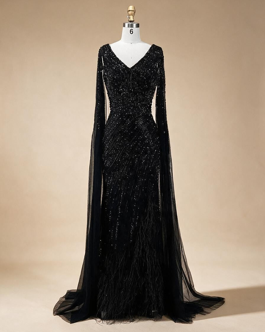 Black Mermaid Cape Sleeves Feathers Beaded Evening Dresses Party Gowns with Split for Women DLA72216 Customized | Nightbubo