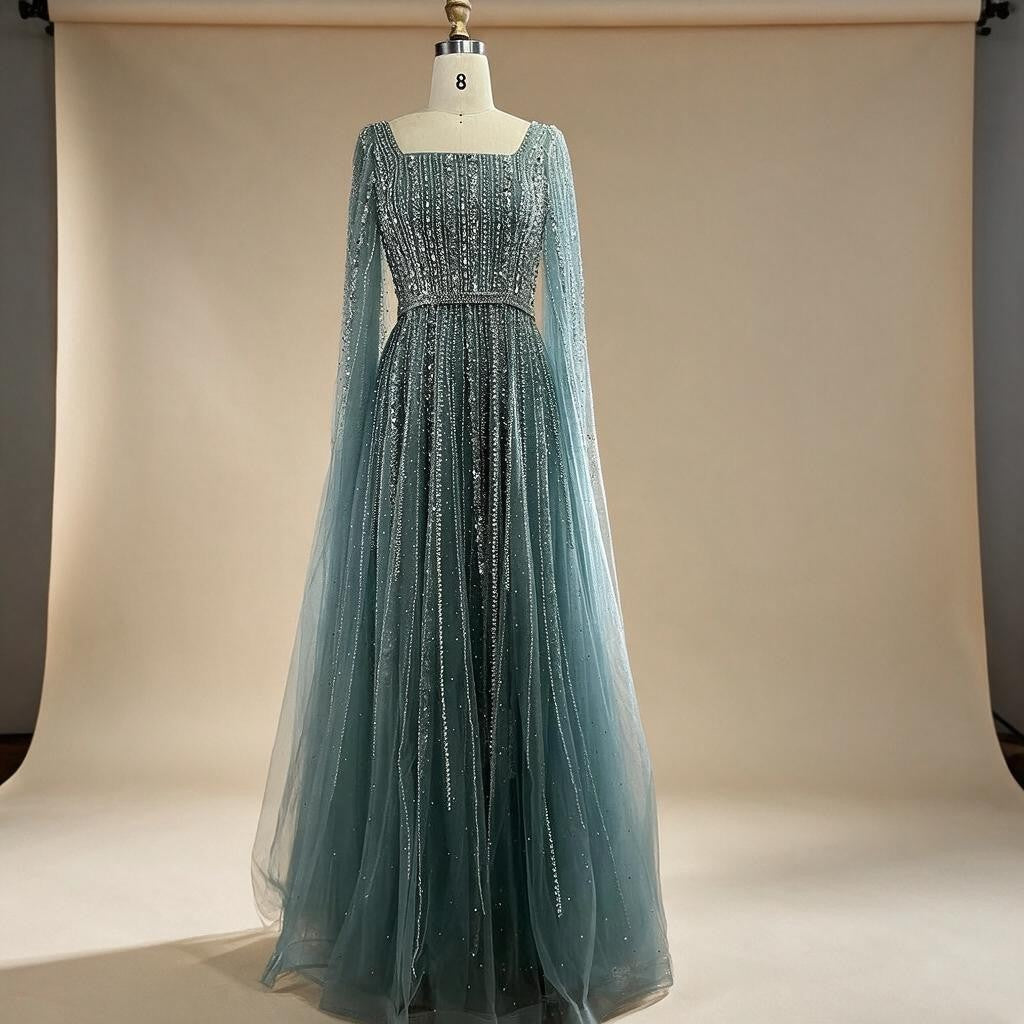 Turquoise Square Collar Beaded Evening Dress with Cape Sleeves Dubai Pary Gowns for Women DLA73188 Customized | Nightbubo