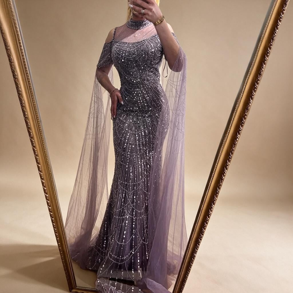 Dubai Purple Mermaid Cape Sleeves Beaded Long Evening Dress For Formal Occasion DLA71992 Customized | Nightbubo