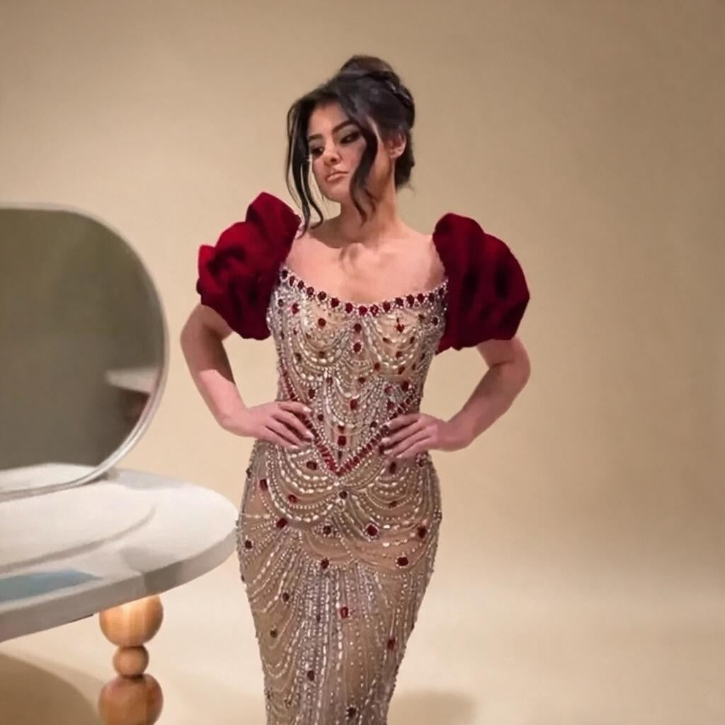 Luxury Beaded Evening Dresses with Elegant Puff Sleeves Pearl Beaded Adorned Design DLA72903 Customized | Nightbubo