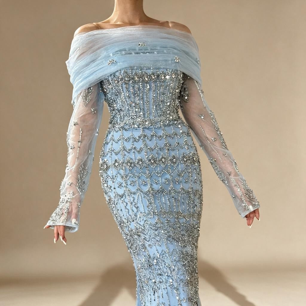 Blue Mermaid Beaded Evening Dresses with Detachable Sleeves Elegant Party Gowns for Women DLA72714 Customized | Nightbubo