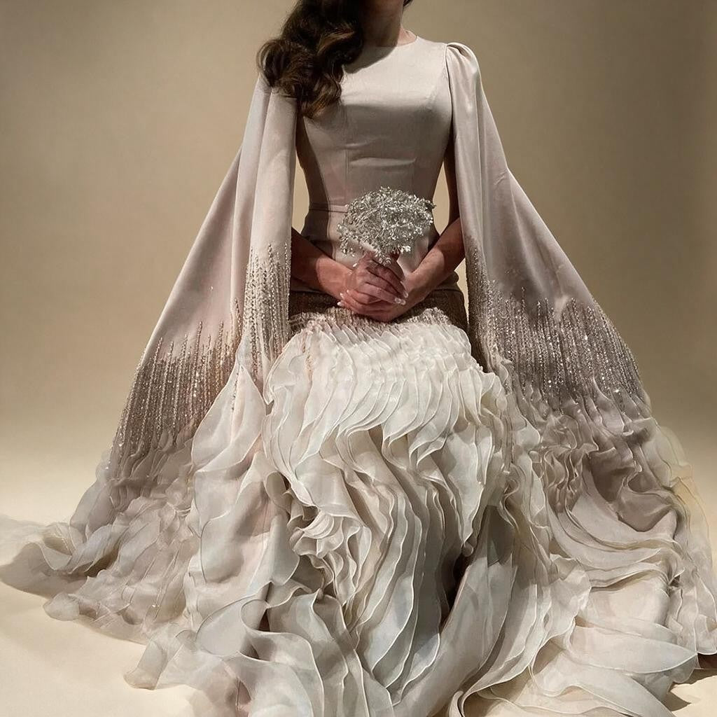 Champagne Mermaid Luxury Cape Sleeves Beaded Satin Saudi Evening Dresses Gowns for Party DLA72317A Customized | Nightbubo