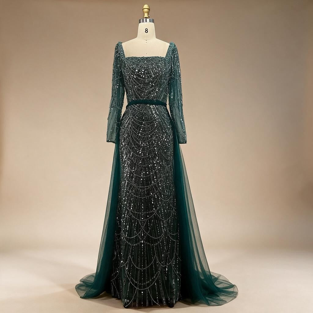 Elegant Dubai Sage Green Mermaid Evening Dress with Cape Sleeves Beaded Formal Gown Customized DLA72160A | Nightbubo