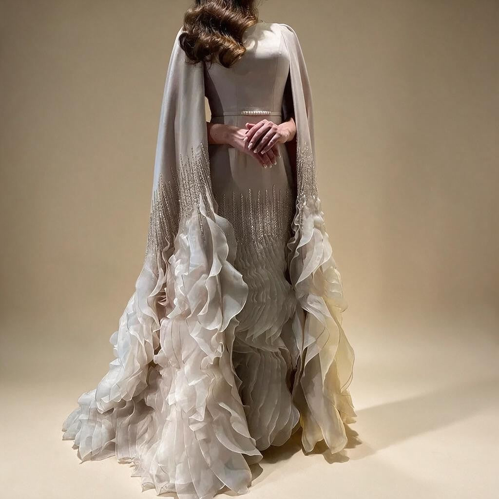 Champagne Mermaid Luxury Cape Sleeves Beaded Satin Saudi Evening Dresses Gowns for Party DLA72317A Customized | Nightbubo