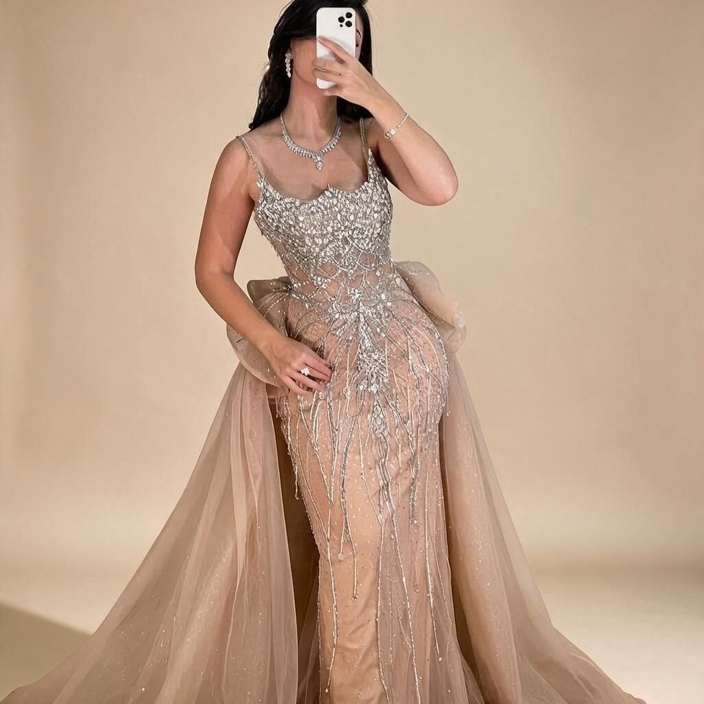 Pink Spaghetti Strap Mermaid Beaded Evening Dresses with Overskirt Formal Party Gowns for Women DLA72810 Customized | Nightbubo