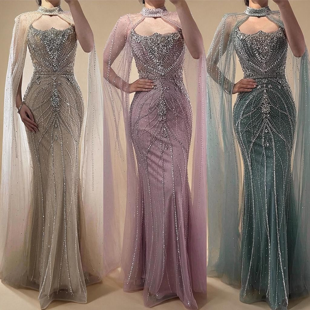 Pink Strapless Mermaid Beaded Evening Dress with Cape Wedding Party Gowns for Women DLA73195 Customized | Nightbubo