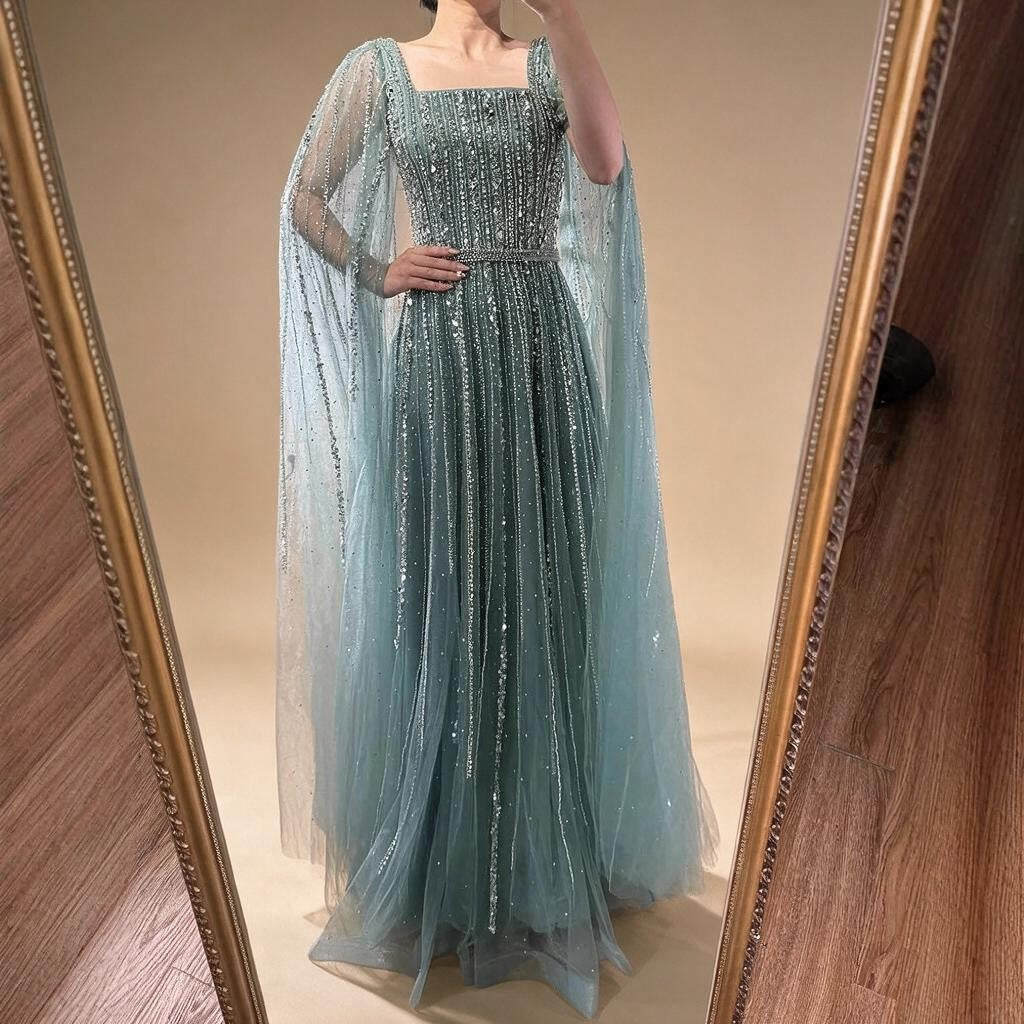 Turquoise Square Collar Beaded Evening Dress with Cape Sleeves Dubai Pary Gowns for Women DLA73188 Customized | Nightbubo
